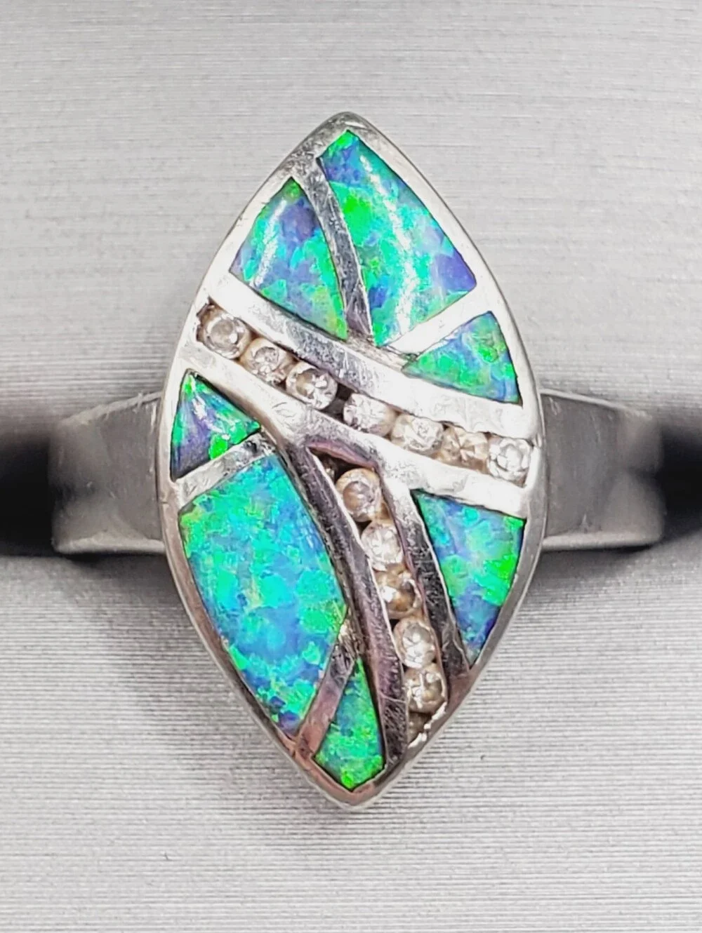925 Sterling Silver Blue-Green Opal Marquise Ring